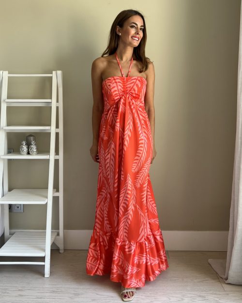Vestido Halter Satinado Hojas