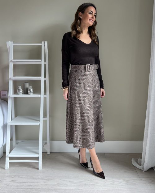 Falda Midi Cuadros Marrón