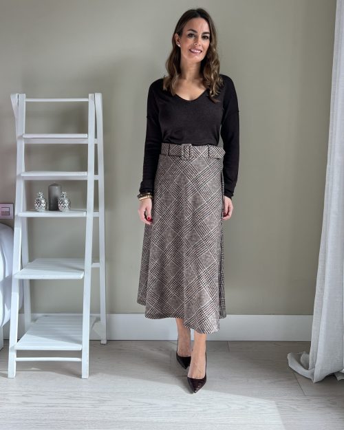 Falda Midi Cuadros Marrón