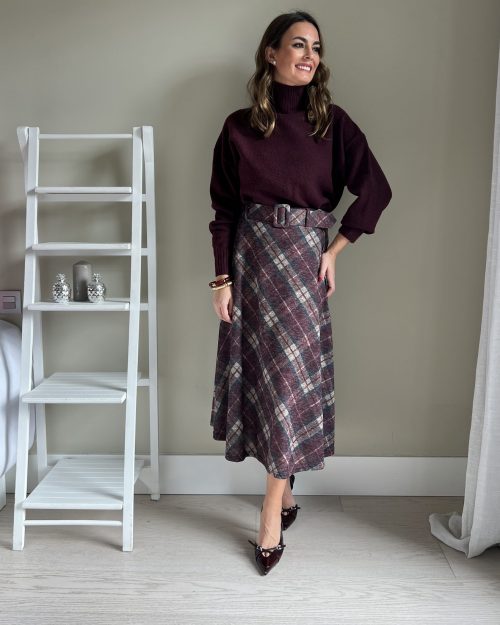 Falda Midi Cuadros Burdeos