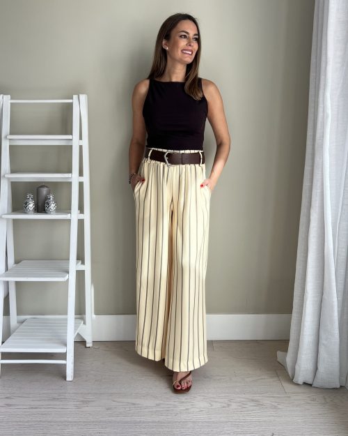 Pantalón de Rayas Amarillo y Marrón Cinturón