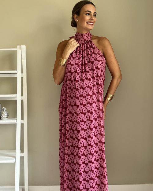 Vestido Halter Flor Rosa y Rojo
