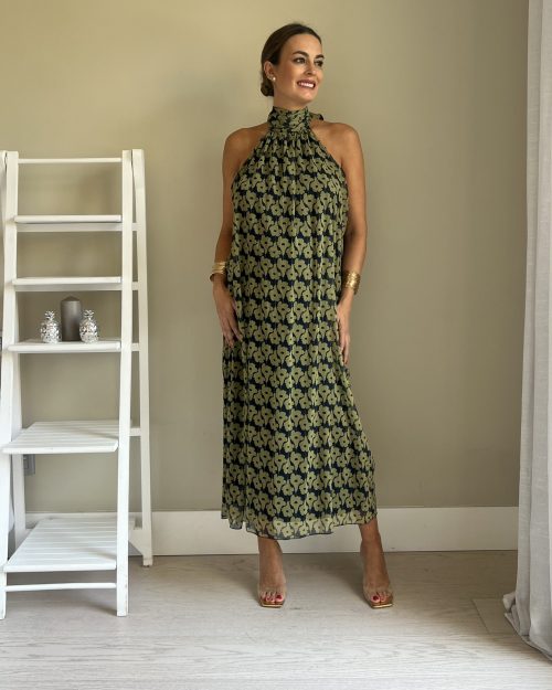 Vestido Halter Flor Marino y Verde